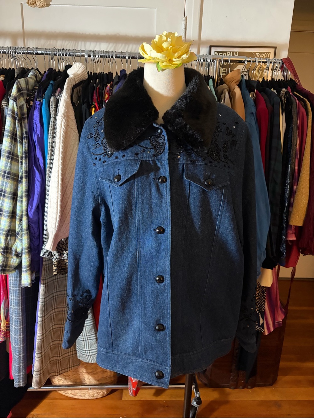 Dennis Basso Vintage Embellished Denim Jacket / Removable Faux Fur Trim